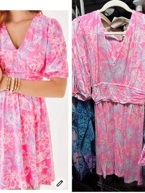 Lilly Pulitzer Brighton dress Pink Floral V-Neck Short Sleeve Dress sz 10